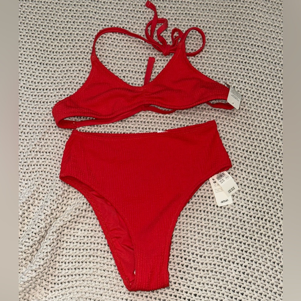 aerie Red Ribbed High-Waist Bikini